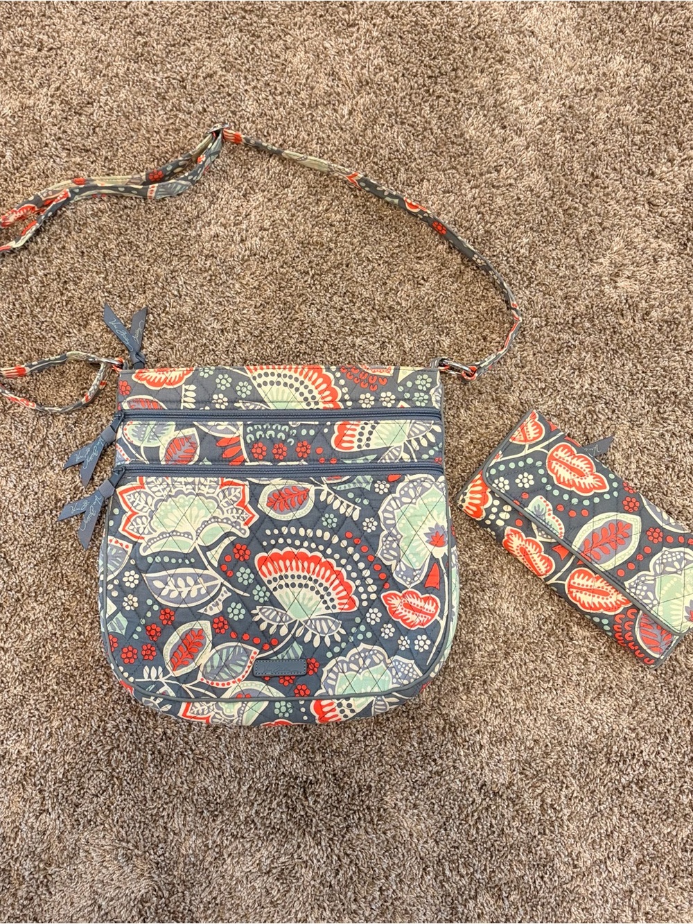 Vera Bradley Nonadic Crossbody with Matching Wallet - Navy, Coral & Mint